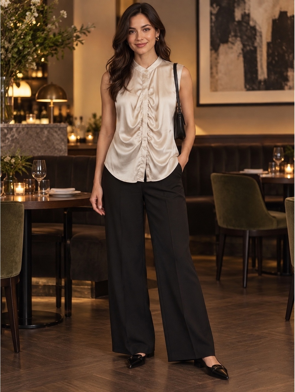 Theory Cream Satin Sleeveless Ruched Blouse